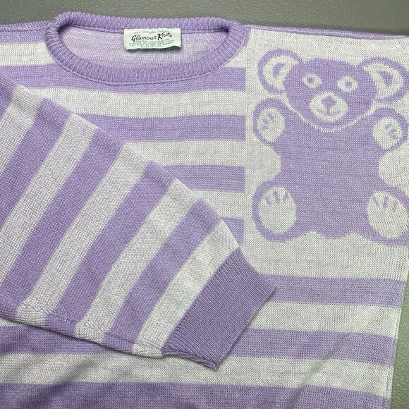 Vintage GLAMOUR KNIT Sweater Teddy Bear Purple Striped Retro 1970s Womens M L - Picture 1 of 6